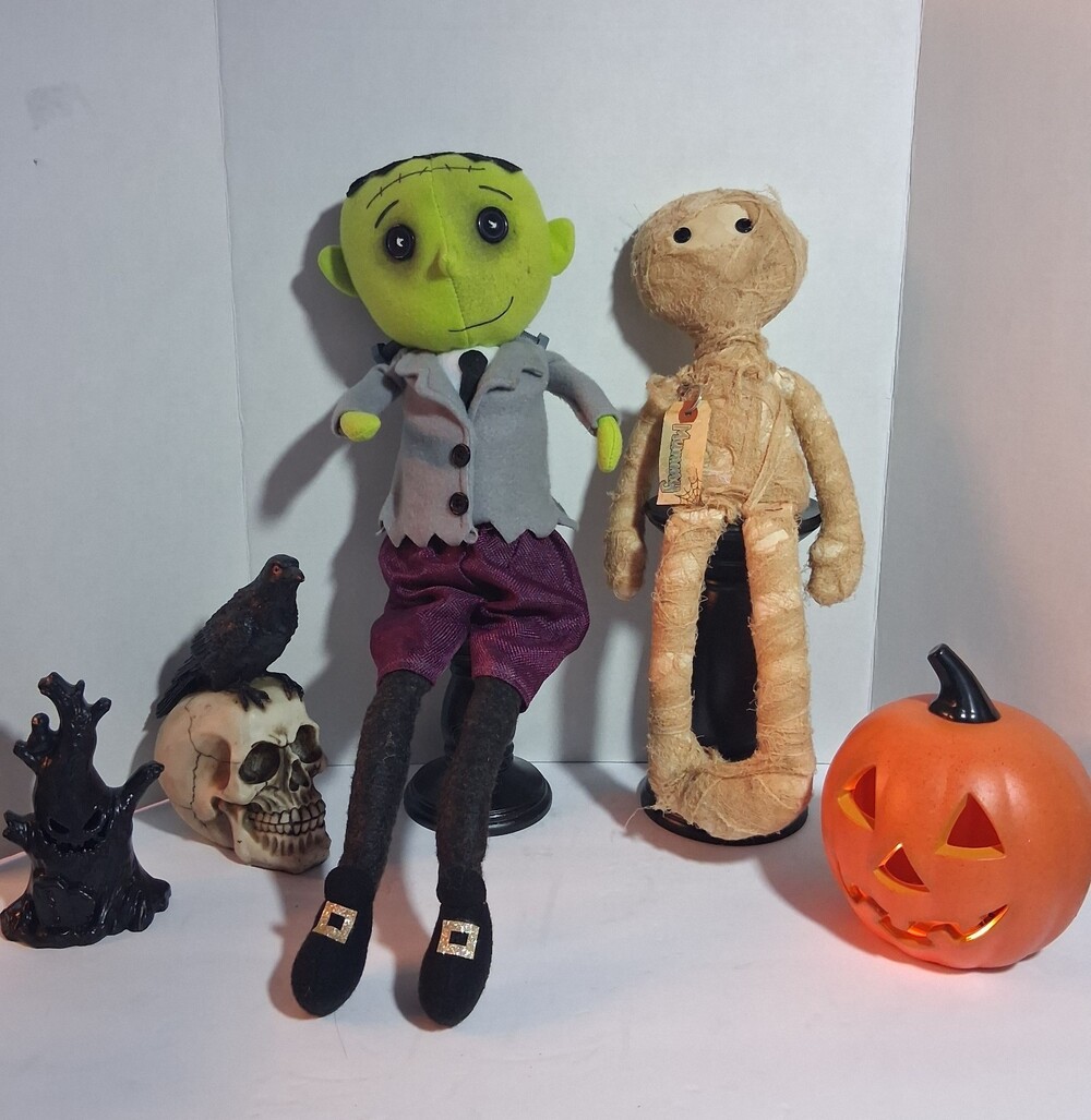 Vtg SW Floral Halloween Shelf Sitters/Plushies Lot; 2PCS Frankenstein NWT+Mummy